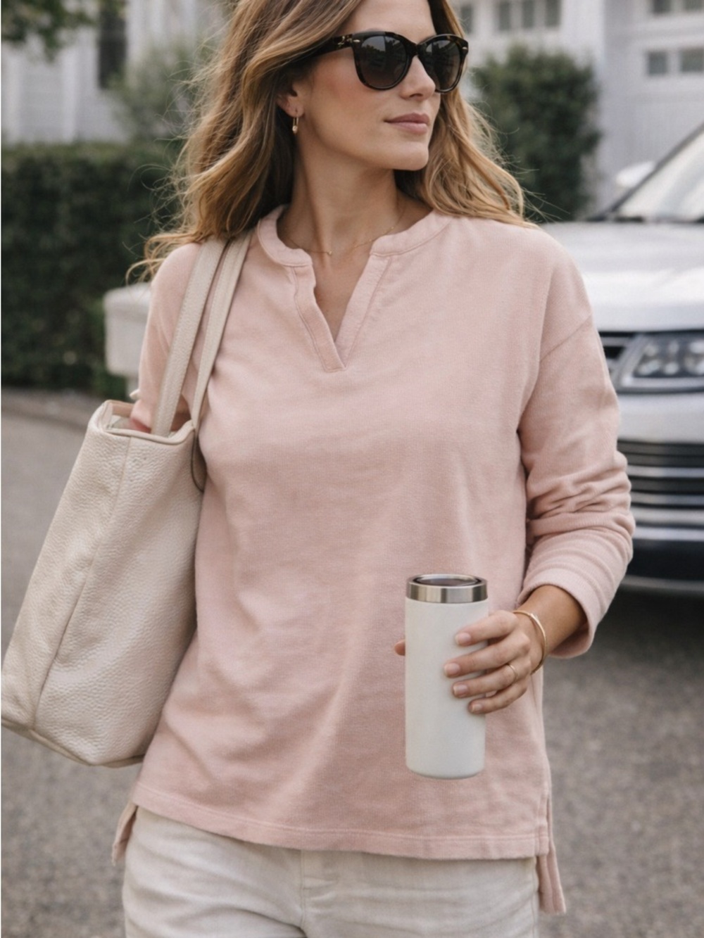 Pure Jill Organic Cotton Sweatshirt Top Pink Relaxed Fit Split Neck Medium